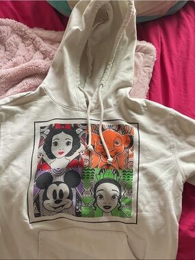 Cream Graphic Hoodie with Colorful Disney Character Panels